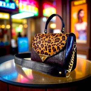 Sophisticated Black and animal print cowhide leather Shoulder Bag